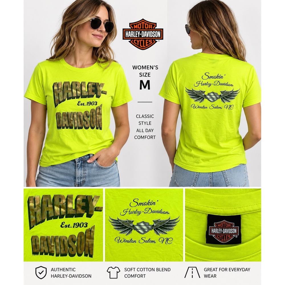 Harley-Davidson Womens Neon Yellow Winston Salem NC Graphic T-Shirt Size M